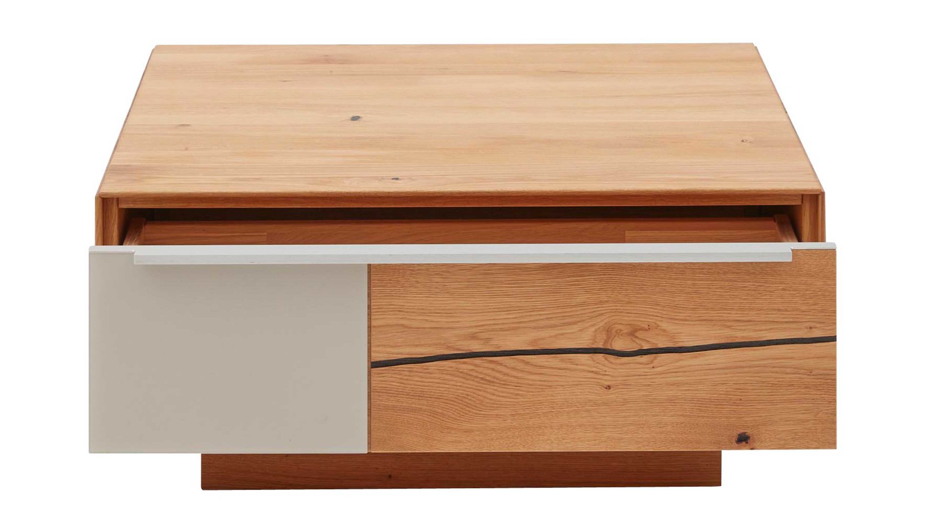 Couchtisch Interliving aus Holz in Hellgrau Interliving Wohnzimmer Serie 2020 - Couchtisch Asteiche, Schlamm & Risseiche– zwei Schubladen, ca. 82 x 82 cm