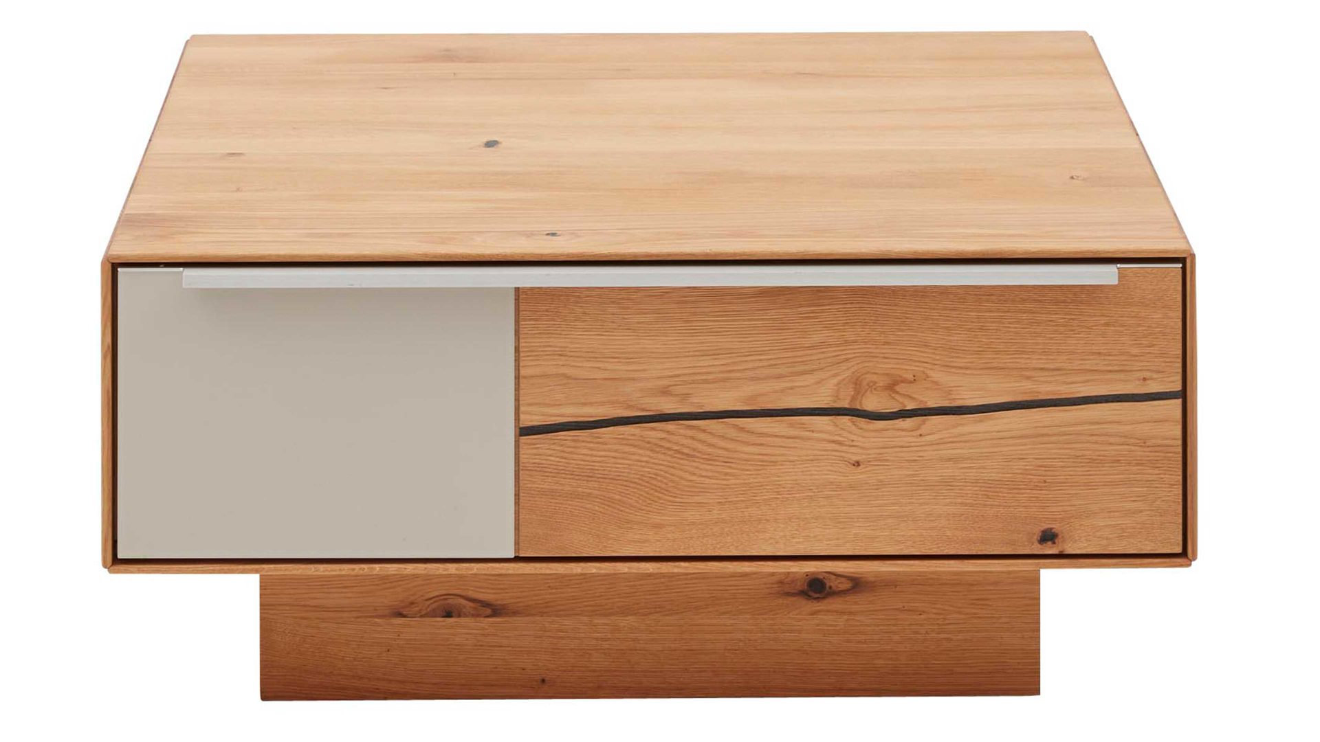 Couchtisch Interliving aus Holz in Hellgrau Interliving Wohnzimmer Serie 2020 - Couchtisch Asteiche, Schlamm & Risseiche– zwei Schubladen, ca. 82 x 82 cm