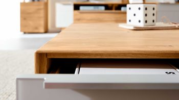 Couchtisch Interliving aus Holz in Hellgrau Interliving Wohnzimmer Serie 2020 - Couchtisch 151517 Asteiche, Schlamm & Risseiche– zwei Schubladen, ca. 82 x 82 cm