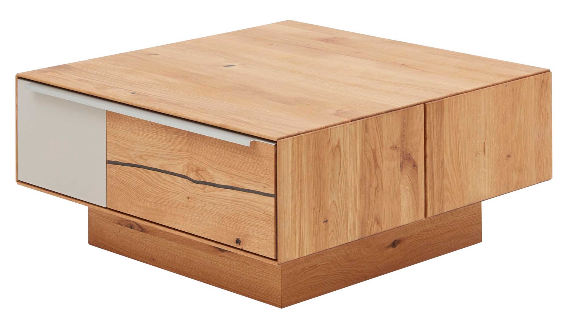 Couchtisch Interliving aus Holz in Hellgrau Interliving Wohnzimmer Serie 2020 - Couchtisch Asteiche, Schlamm & Risseiche– zwei Schubladen, ca. 82 x 82 cm