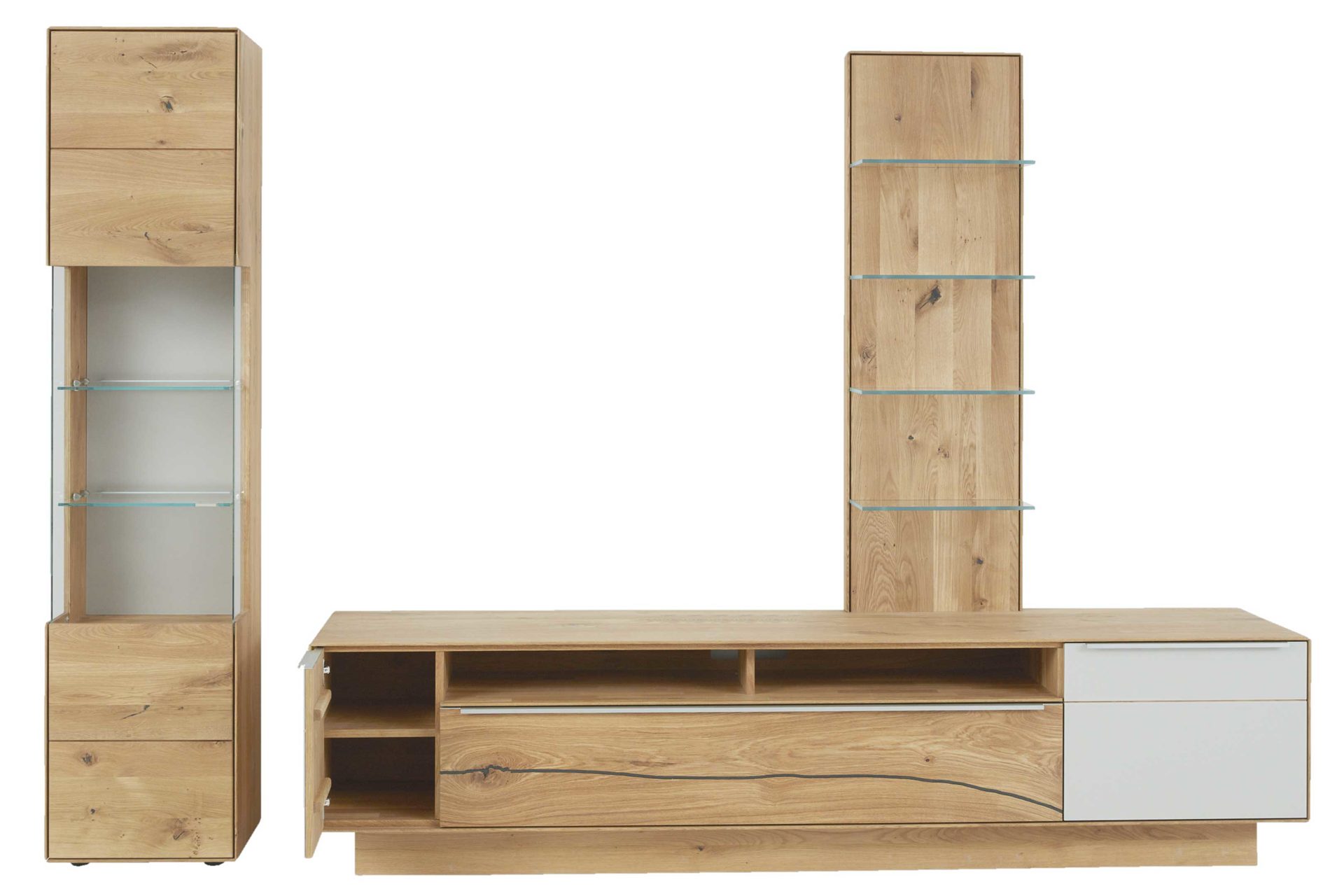 Wohnwand Interliving aus Holz in Hellgrau Interliving Wohnzimmer Serie 2020 - Wohnwand Asteiche & Schlamm – dreiteilig, Breite ca. 309 cm