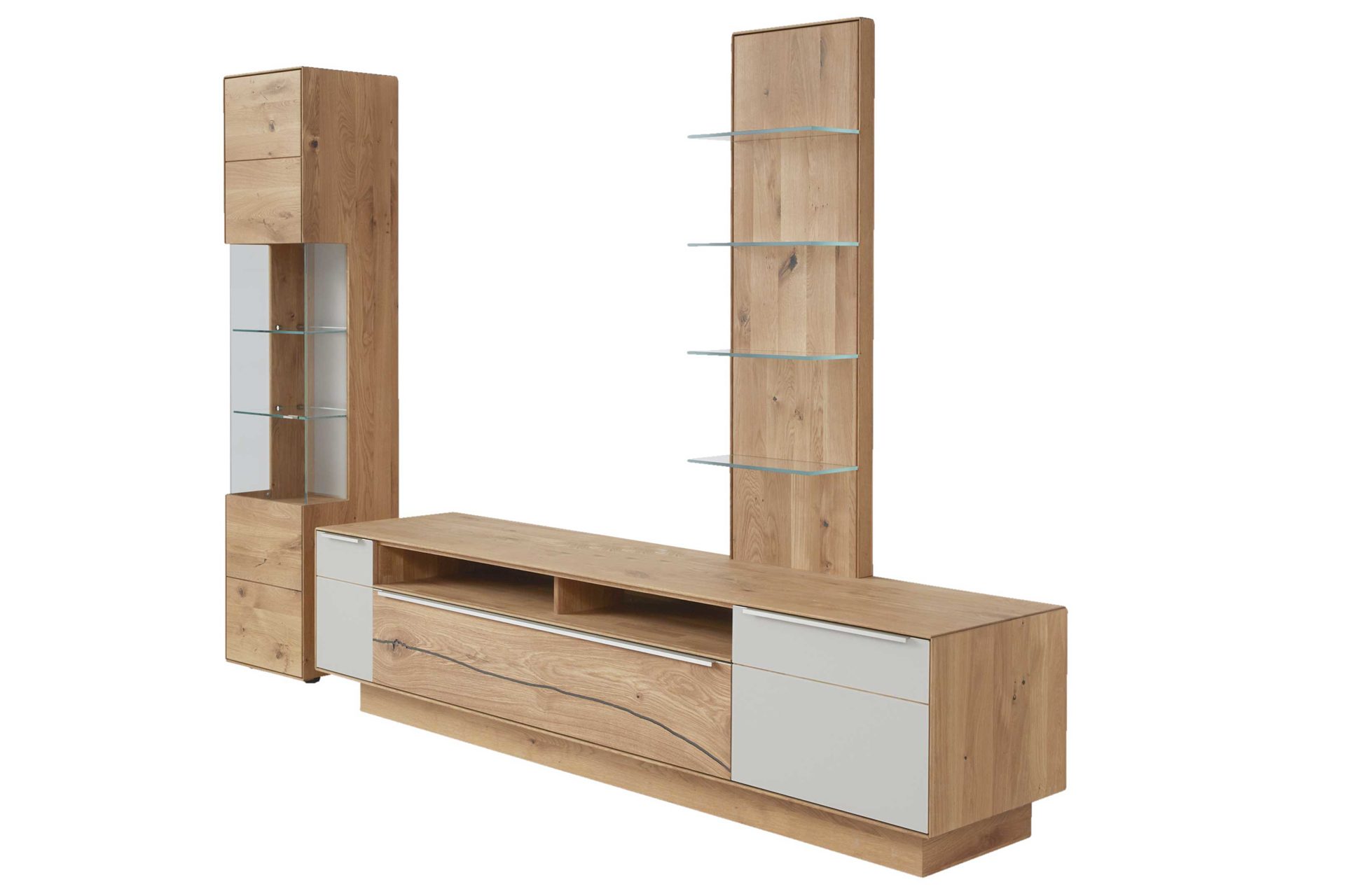 Wohnwand Interliving aus Holz in Hellgrau Interliving Wohnzimmer Serie 2020 - Wohnwand V15101 Asteiche & Schlamm – dreiteilig, Breite ca. 309 cm