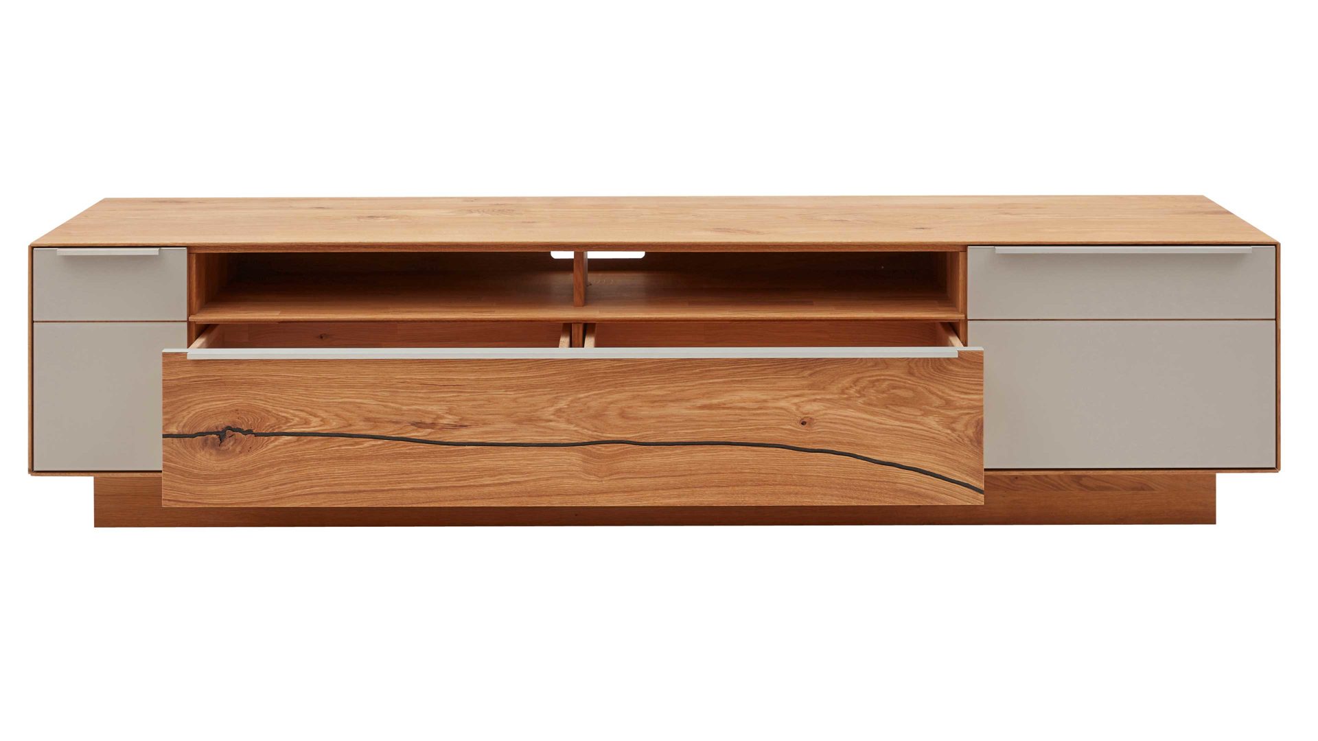 Lowboard Interliving aus Holz in Hellgrau Interliving Wohnzimmer Serie 2020 - Lowboard 151607 Asteiche & Schlamm – Breite ca. 242 cm