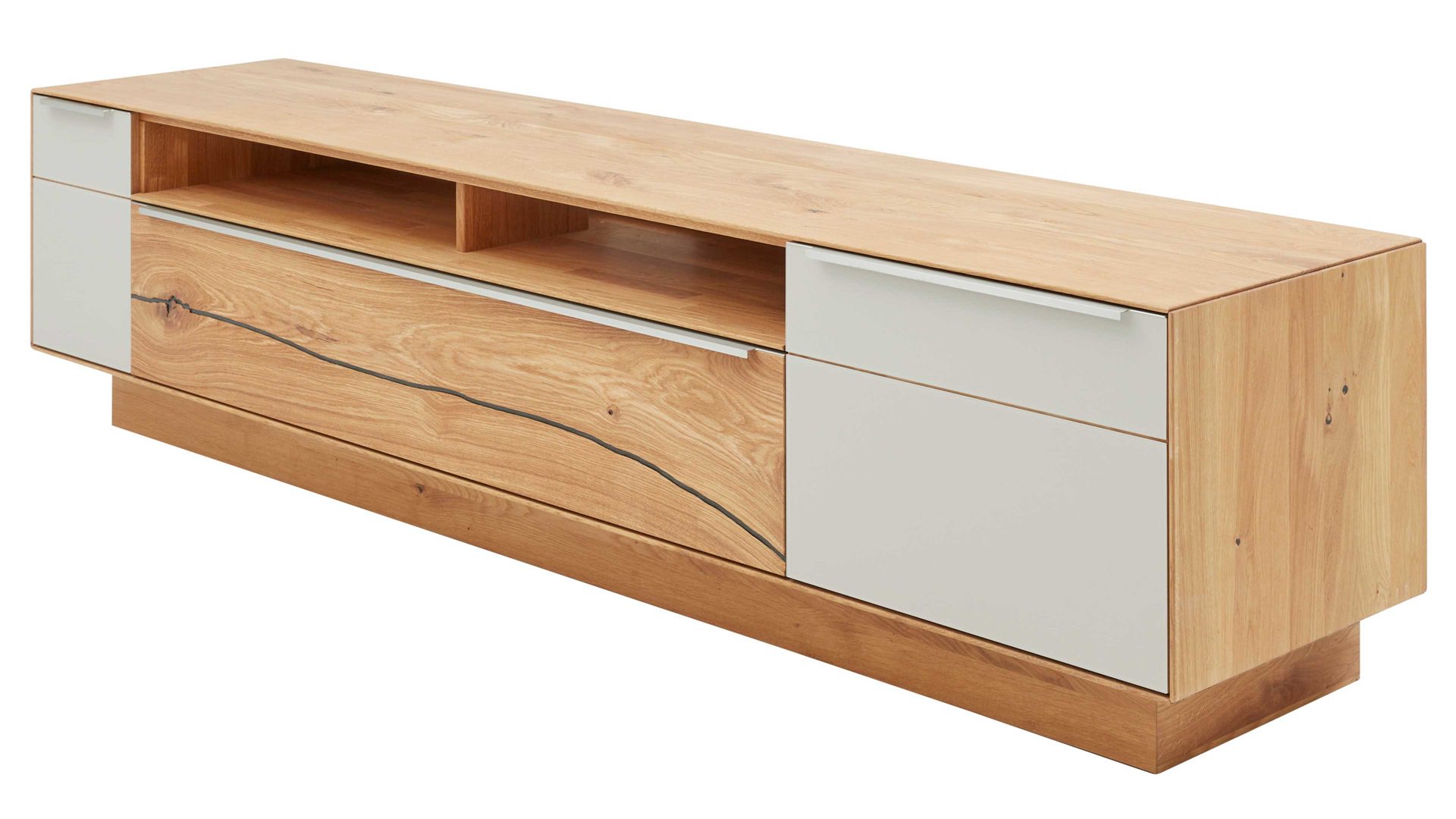 Lowboard Interliving aus Holz in Hellgrau Interliving Wohnzimmer Serie 2020 - Lowboard Asteiche & Schlamm – Breite ca. 242 cm