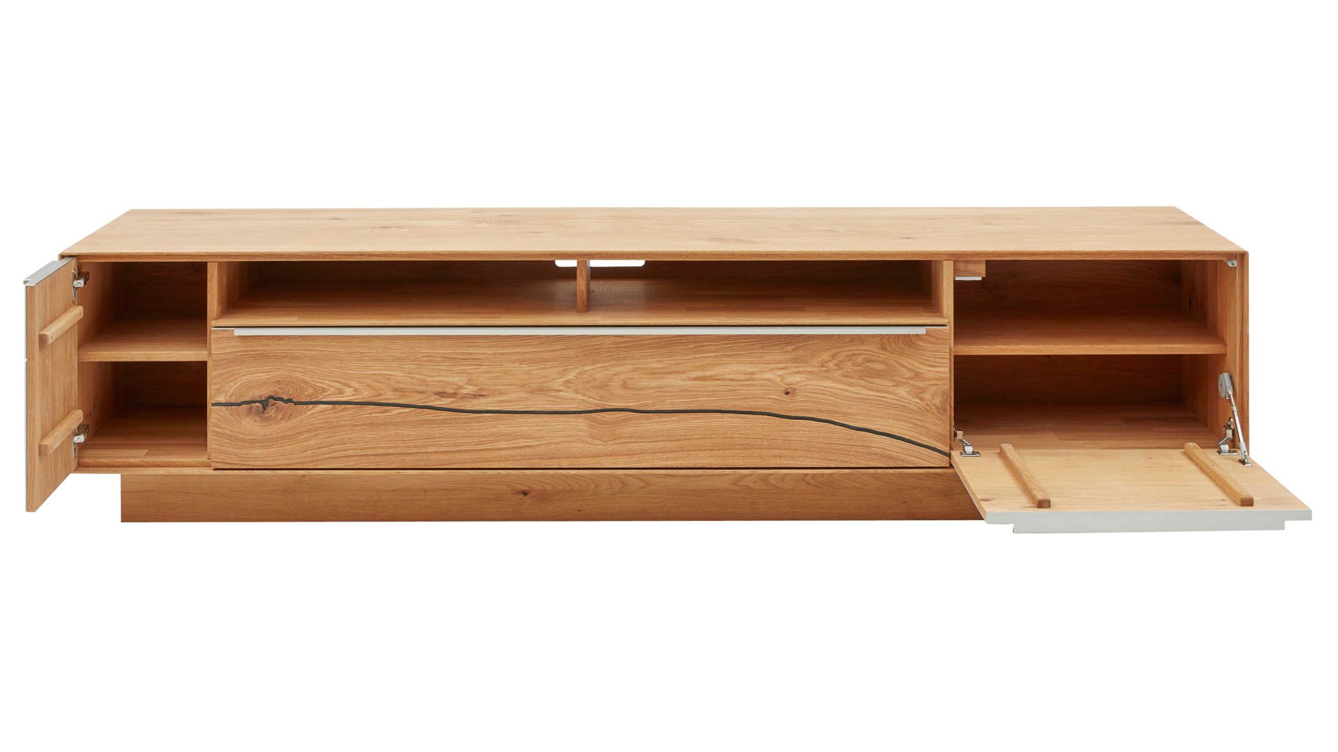 Lowboard Interliving aus Holz in Hellgrau Interliving Wohnzimmer Serie 2020 - Lowboard Asteiche & Schlamm – Breite ca. 242 cm