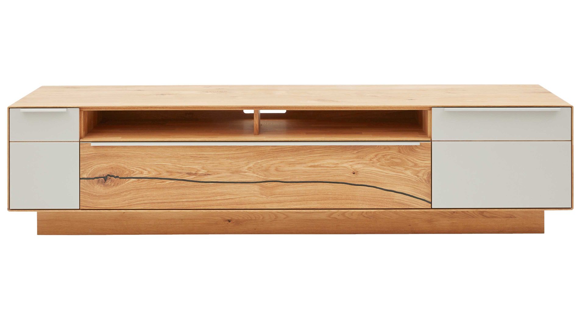 Lowboard Interliving aus Holz in Hellgrau Interliving Wohnzimmer Serie 2020 - Lowboard Asteiche & Schlamm – Breite ca. 242 cm