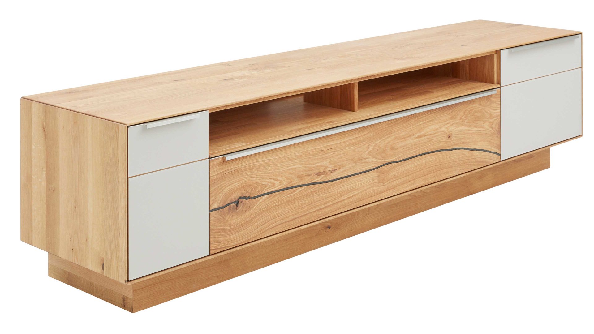 Lowboard Interliving aus Holz in Hellgrau Interliving Wohnzimmer Serie 2020 - Lowboard Asteiche & Schlamm – Breite ca. 242 cm