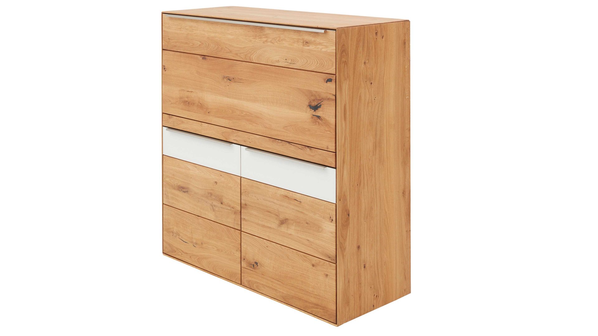 Schreibtisch Interliving aus Holz in Weiß Interliving Wohnzimmer Serie 2020 - Highboard Optiwhite, Asteiche & Riss-Eiche – Schreibplatte, zwei Türen