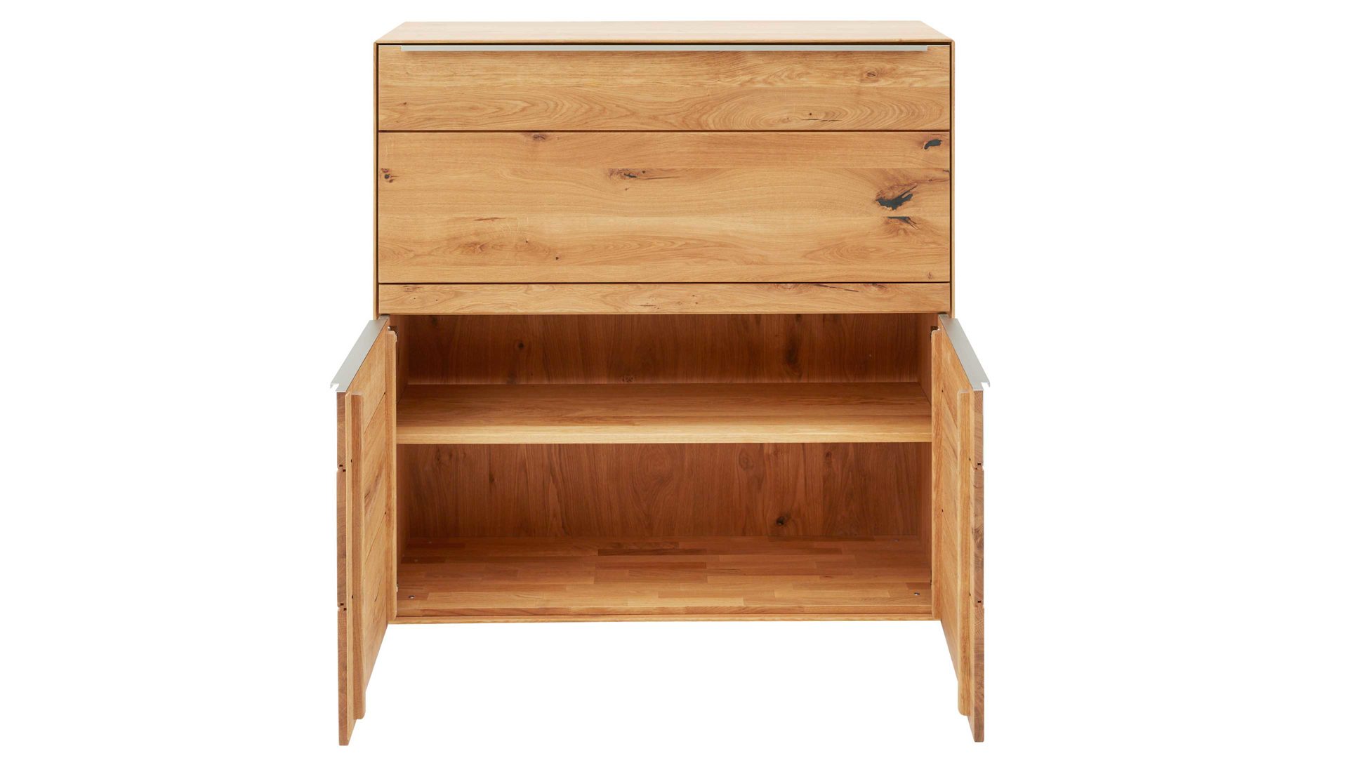 Schreibtisch Interliving aus Holz in Weiß Interliving Wohnzimmer Serie 2020 - Highboard 151197 Optiwhite, Asteiche & Riss-Eiche – Schreibplatte, zwei Türen