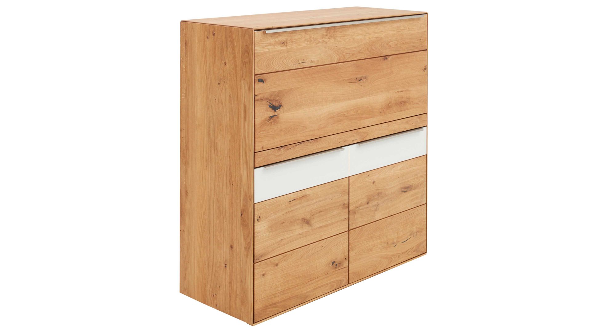 Schreibtisch Interliving aus Holz in Weiß Interliving Wohnzimmer Serie 2020 - Highboard 151197 Optiwhite, Asteiche & Riss-Eiche – Schreibplatte, zwei Türen