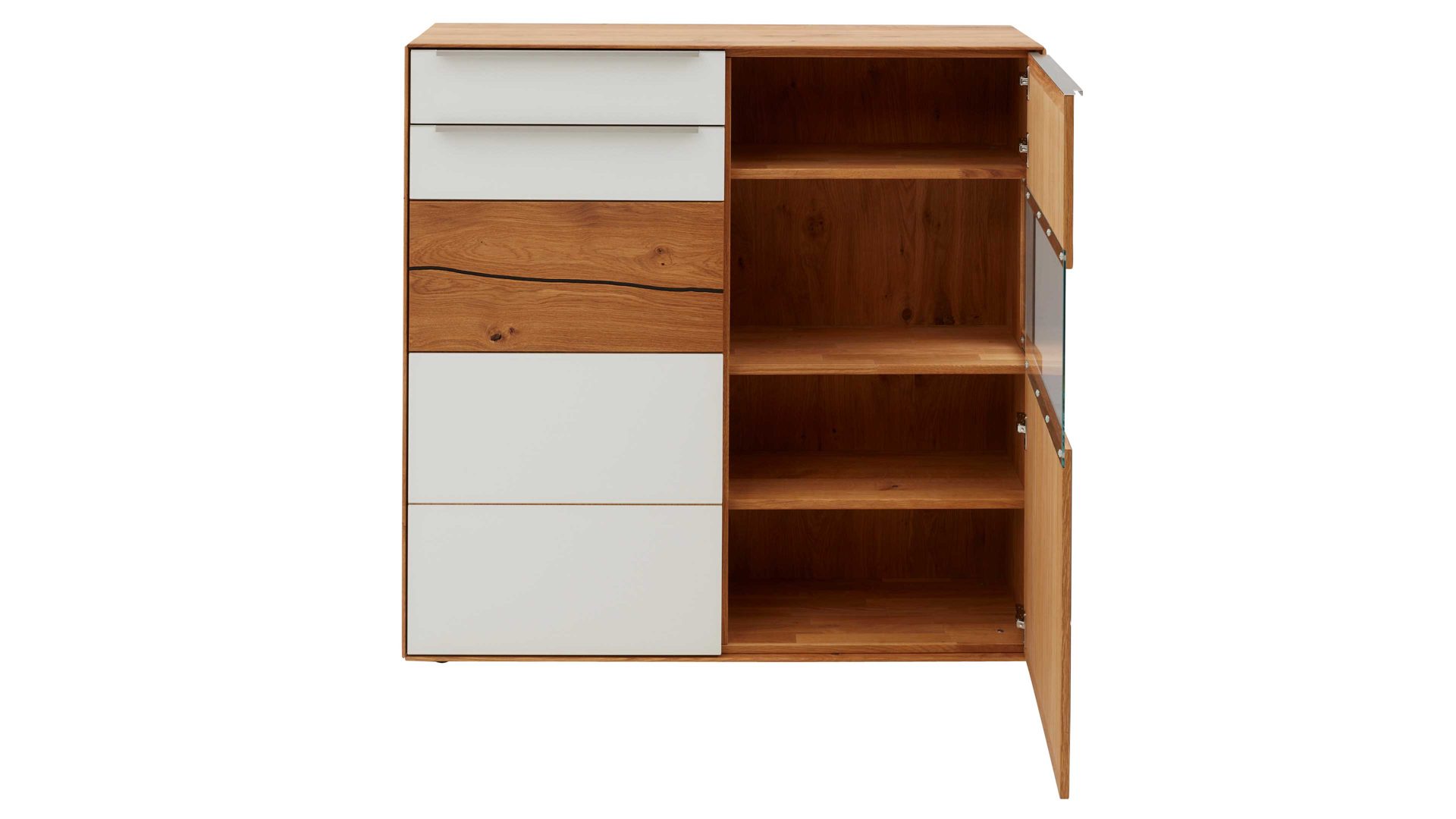 Highboard Interliving aus Holz in Weiß Interliving Wohnzimmer Serie 2020 - Highboard Optiwhite, Asteiche & Riss-Eiche – zwei Türen, eine Schublade