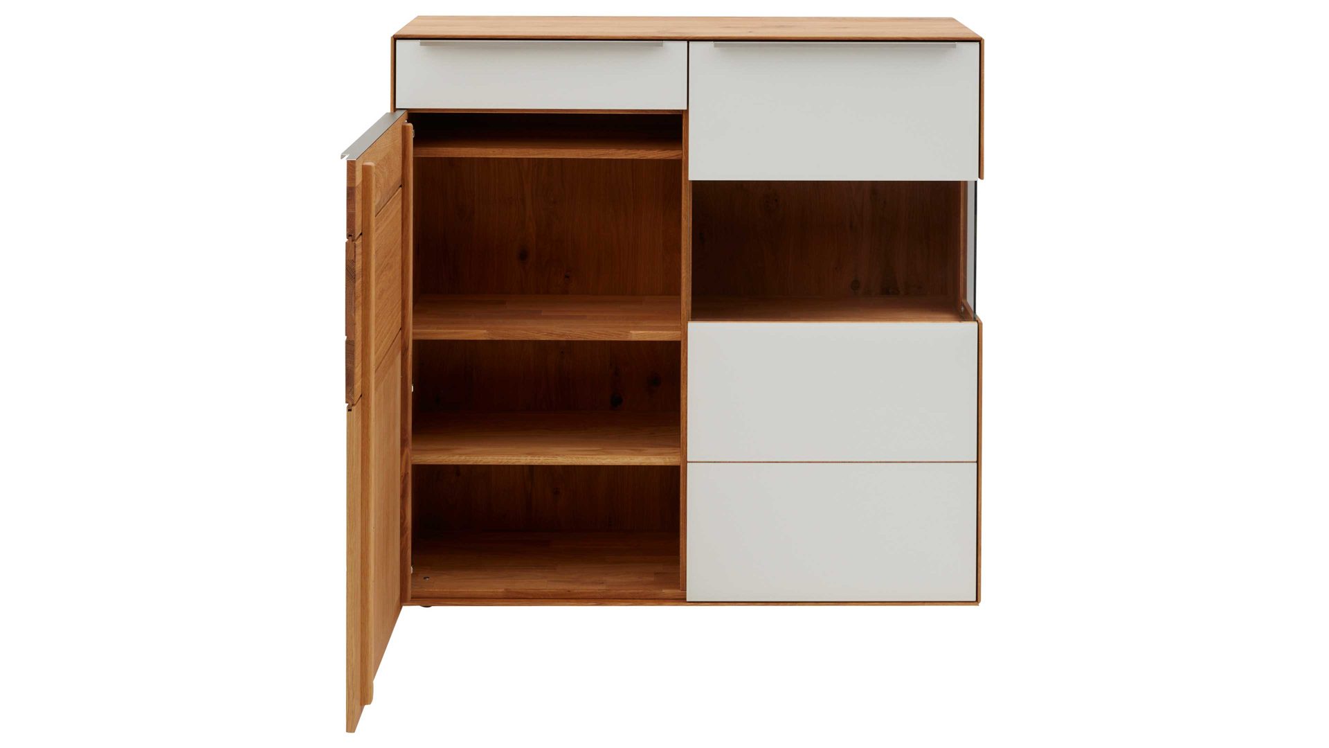 Highboard Interliving aus Holz in Weiß Interliving Wohnzimmer Serie 2020 - Highboard Optiwhite, Asteiche & Riss-Eiche – zwei Türen, eine Schublade