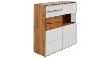 Highboard Interliving aus Holz in Weiß Interliving Wohnzimmer Serie 2020 - Highboard Optiwhite, Asteiche & Riss-Eiche – zwei Türen, eine Schublade