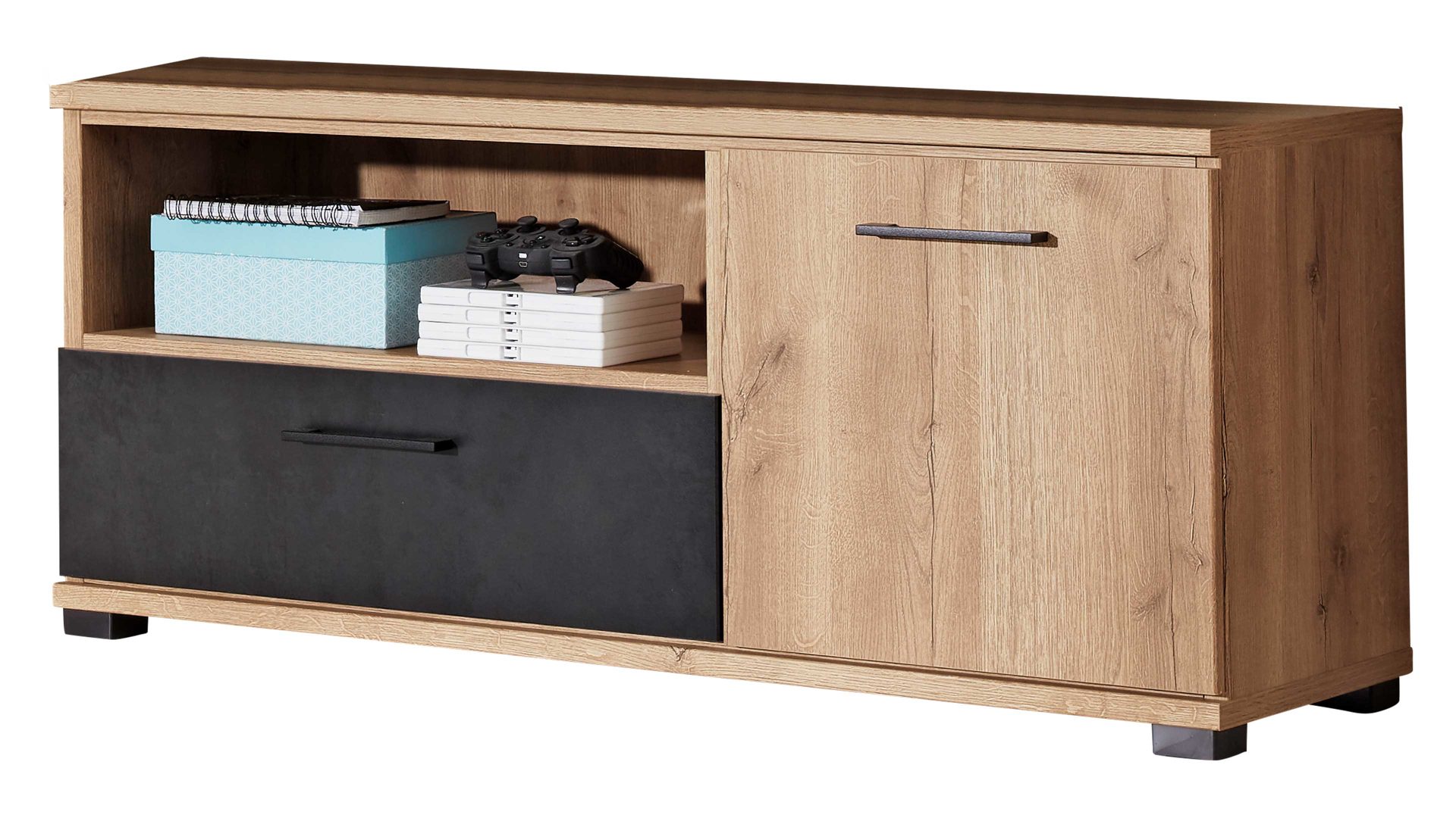 Lowboard Interliving aus Holz in Holzfarben Interliving Jugendzimmer Serie 1701 - Lowboard 5639 Riss-Eiche & Schiefer anthrazit - Breite ca. 117 cm