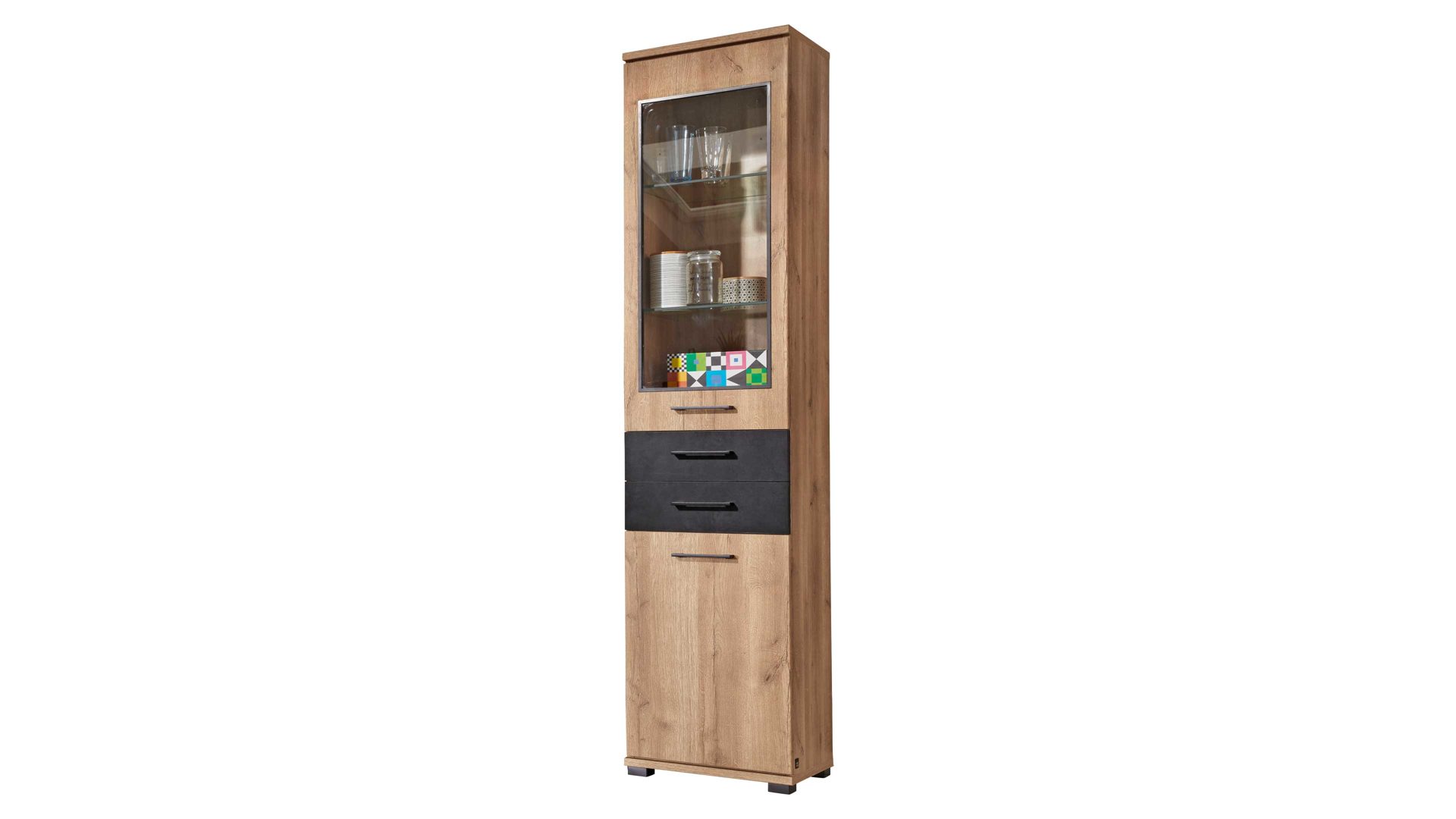 Vitrine Interliving aus Holz in Holzfarben Interliving Jugendzimmer Serie 1701 - Vitrine Riss-Eiche & Schiefer anthrazit - eine Tür, zwei Schubladen