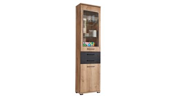 Vitrine Interliving aus Holz in Holzfarben Interliving Jugendzimmer Serie 1701 - Vitrine Riss-Eiche & Schiefer anthrazit - eine Tür, zwei Schubladen