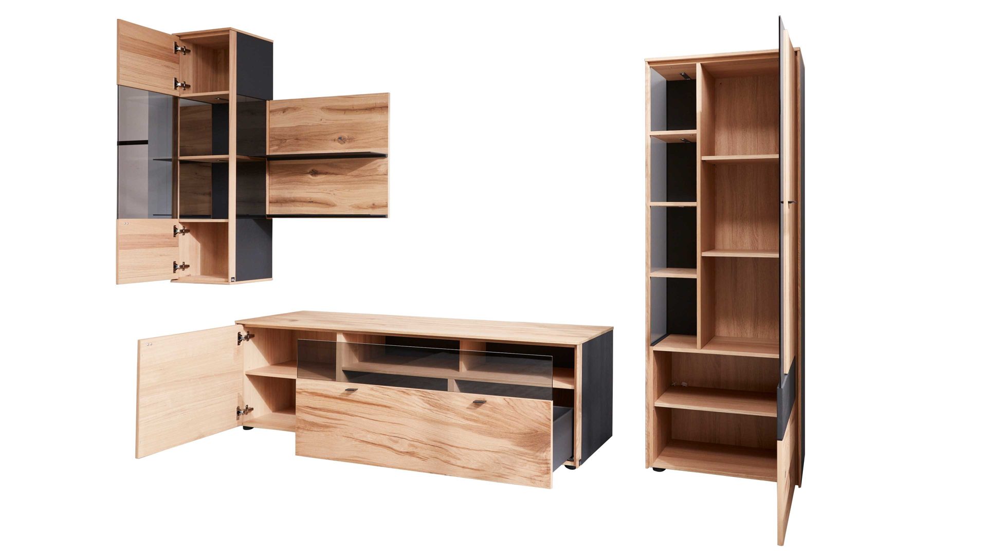 Wohnwand Interliving aus Holz in Holzfarben Interliving Esszimmer Serie 5604 - Wohnwand VI10-0308R Eiche rustico & Anthrazit  - fünfteilig, Breite ca. 365 cm