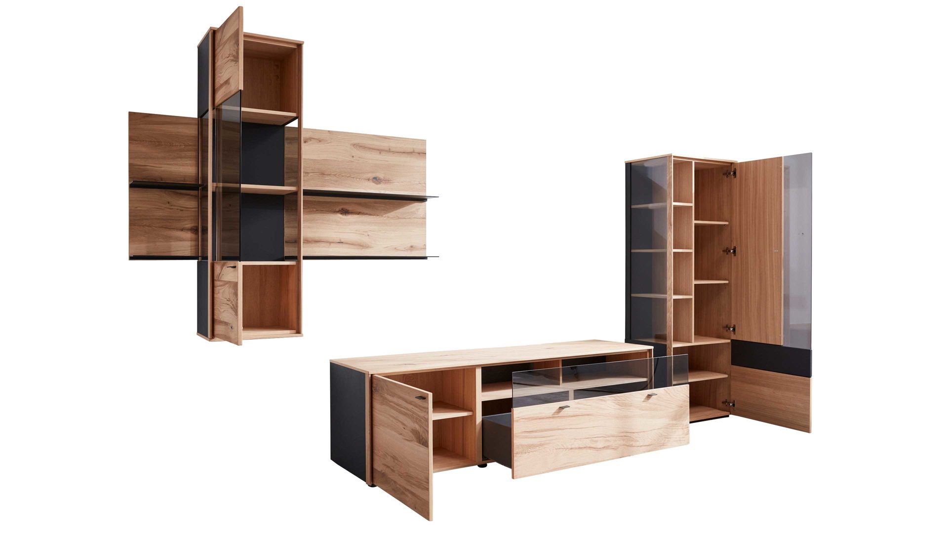 Wohnwand Interliving aus Holz in Holzfarben Interliving Esszimmer Serie 5604 - Wohnwand Eiche rustico & Anthrazit  - fünfteilig, Breite ca. 365 cm