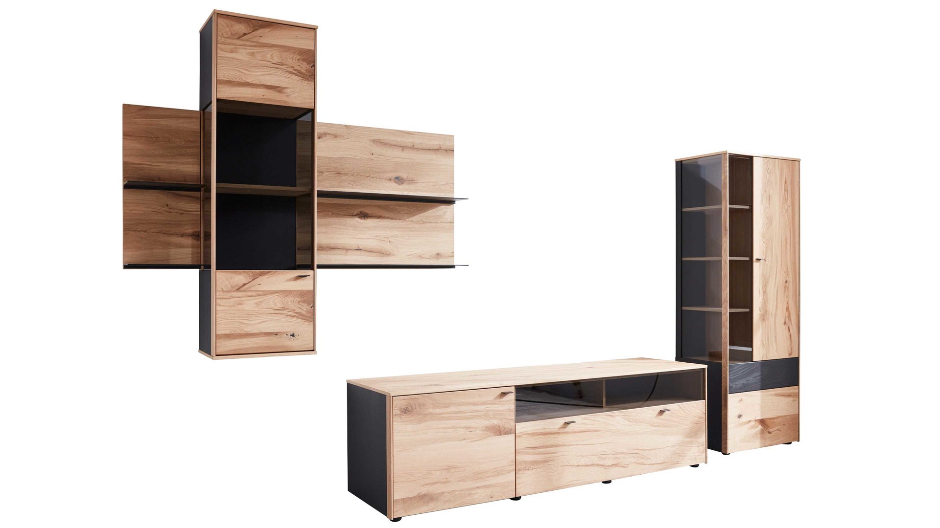 Wohnwand Interliving aus Holz in Holzfarben Interliving Esszimmer Serie 5604 - Wohnwand Eiche rustico & Anthrazit  - fünfteilig, Breite ca. 365 cm