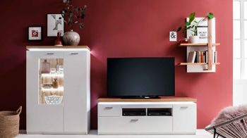 Wohnwand Mca furniture aus Holz in Weiß Wohnprogramm Cali - Wohnwand 02 Weiß & Wotan Eiche - dreiteilig, Breite ca. 324 cm