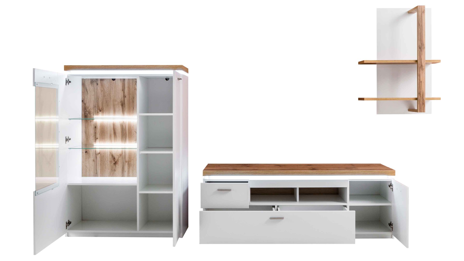 Wohnwand Mca furniture aus Holz in Weiß Wohnprogramm Cali - Wohnwand 02 Weiß & Wotan Eiche - dreiteilig, Breite ca. 324 cm