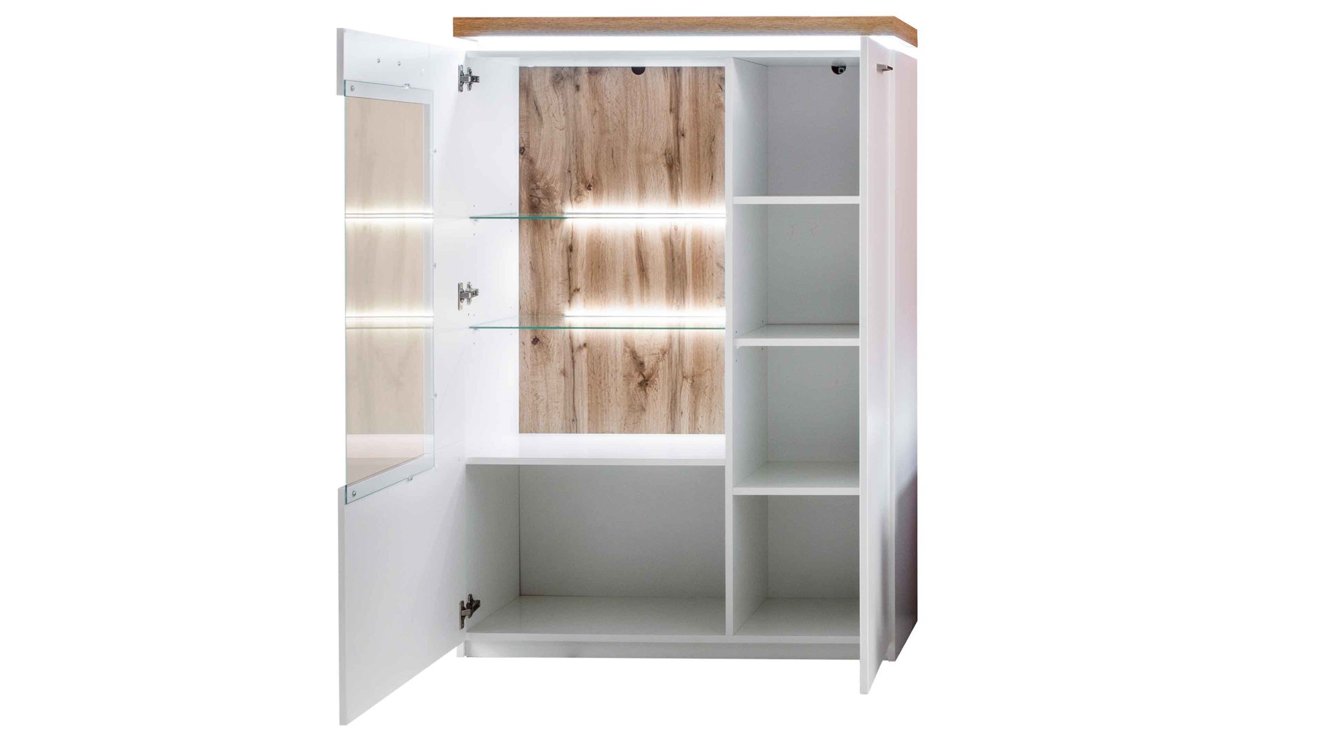 Highboard Mca furniture aus Holz in Weiß Wohnprogramm Cali - Highboard-Vitrine T20 Weiß & Wotan Eiche - zwei Türen, Breite ca. 98 cm