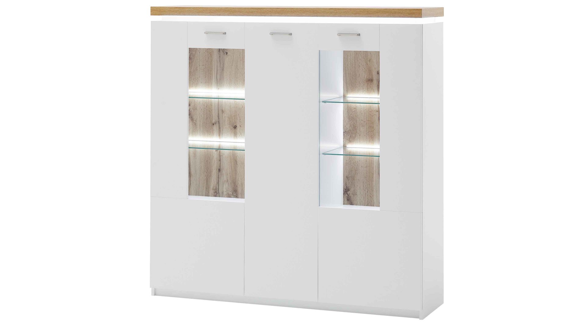 Highboard Mca furniture aus Holz in Weiß Wohnprogramm Cali - Highboard-Vitrine 05 Weiß & Wotan Eiche - drei Türen, Breite ca. 138 cm
