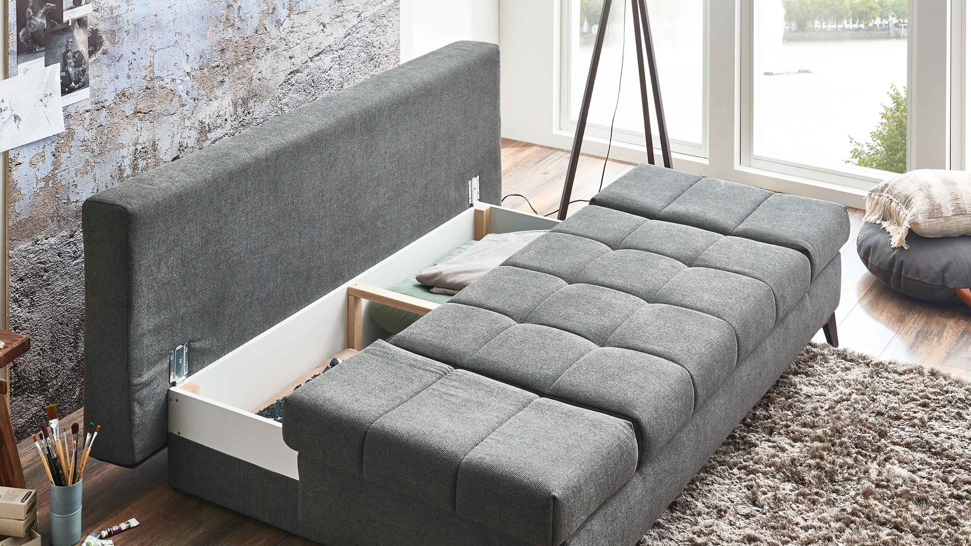 Schlafsofa Restyl aus Stoff in Anthrazit Schlafsofa Talia C anthrazitfarbener Bezug 2-6931 & schwarze Metallfüße