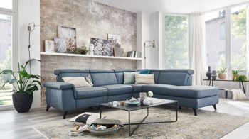 Ecksofa Steinpol polsteria aus Leder in Blau Polsterprogramm Relaxa 6.0 Plus PSG XC - Ecksofa graublaues LongLife-Leder Punch - Stellfläche ca. 270 x 239 cm