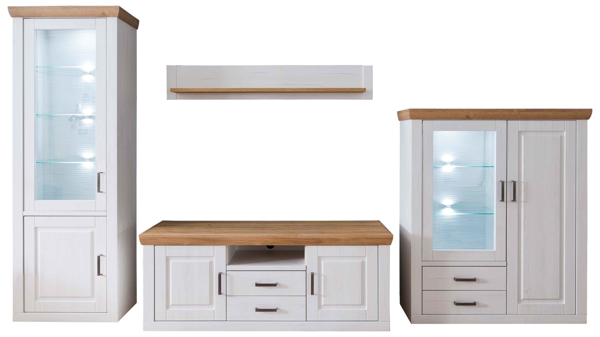 Wohnwand Mca direkt aus Holz in Weiß Wohnprogramm Brixen - Wohnwand 01 Pinie Aurelio & Grandson Oak - vierteilig, Breite ca. 369 cm