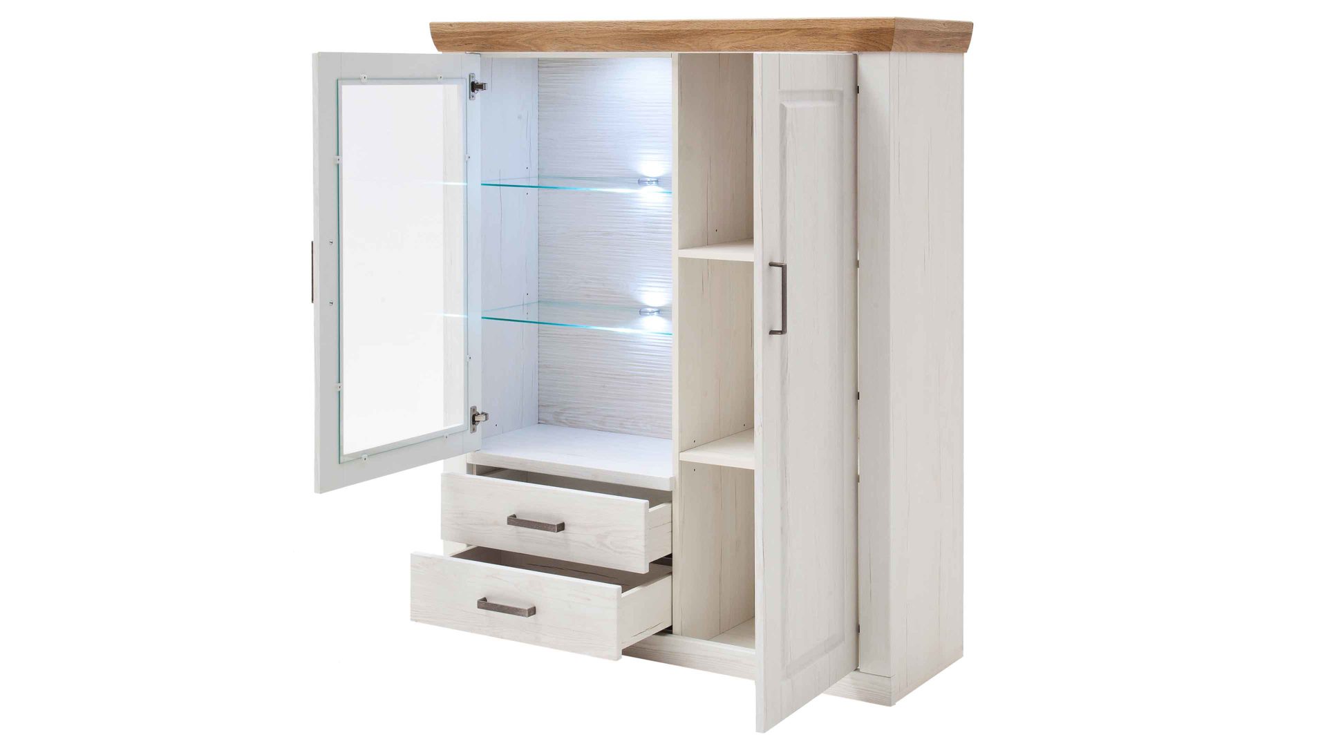 Highboard Mca direkt aus Holz in Weiß Wohnprogramm Brixen - Hoghboard 21 Pinie Aurelio & Grandson Oak - zwei Türen, zwei Schubladen