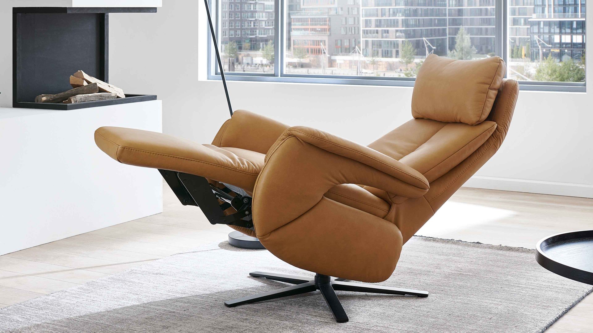 Relaxsessel Steinpol polsteria aus Leder in Orange Relaxsessel Relaxa Feeling HV Smartline - Var. 1 senffarbenes Leder Punch & schwarzer Sternfuß