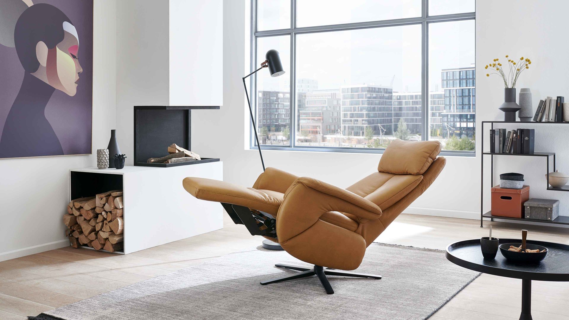 Relaxsessel Steinpol polsteria aus Leder in Orange Relaxsessel Relaxa Feeling HV Smartline - Var. 1 senffarbenes Leder Punch & schwarzer Sternfuß