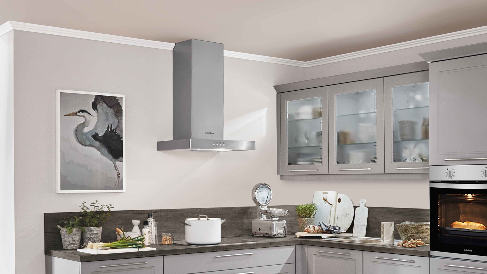 Einbauküche Nobilia® aus Holz in Hellgrau nobilia® Einbauküche Cascada mit privileg Einbaugeräten Steingrau & Eiche Dakota – Stellfläche ca. 245 x 305 cm