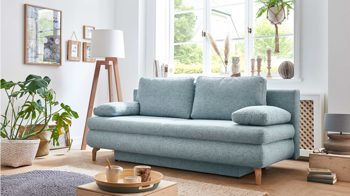 Schlafsofa Restyl aus Stoff in Hellblau Schlafsofa Rob eisblauer Bezug 55-6451 & Eichenholzfüße