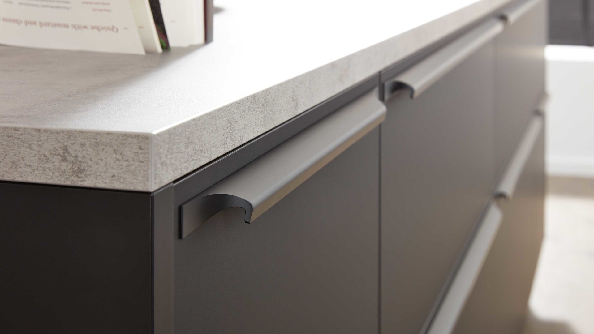 Einbauküche Interliving aus Holz in Schwarz Interliving Küche Serie 3101 mit SIEMENS Einbaugeräten Schwarz & Beton  – zweizeilig