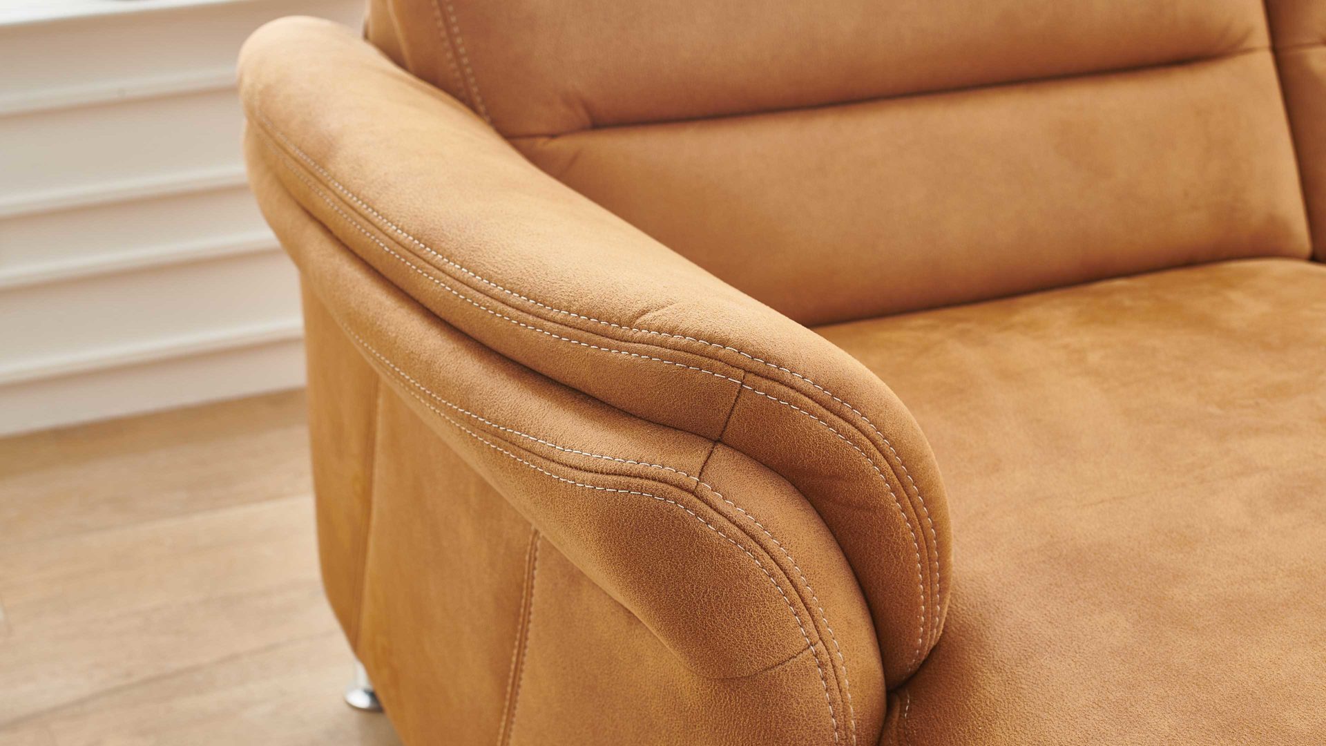 Ecksofa modulmaster aus Stoff in Orange Modulmaster MM-ZE1049 - Wohnlandschaft zimtfarbener Bezug Deluxe – Stellfläche ca. 316 x 203 cm