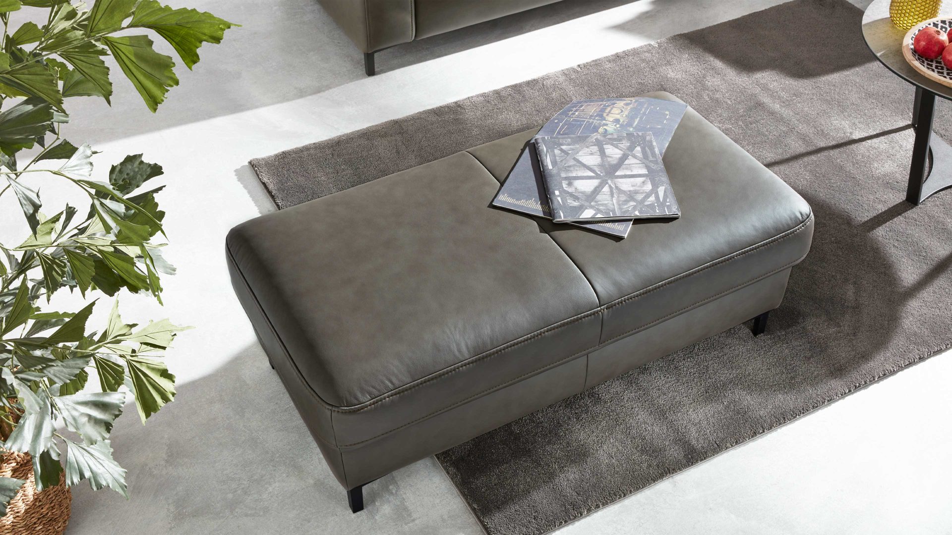 Funktionshocker Interliving aus Leder in Grau Interliving Sofa Serie 4054 – Funktionshocker steingrauer LongLife-Leder Vivre & schwarze Metallfüße – ca. 130 x 60 cm
