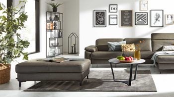 Funktionshocker Interliving aus Leder in Grau Interliving Sofa Serie 4054 – Funktionshocker XXL HoF steingrauer LongLife-Leder Vivre & schwarze Metallfüße – ca. 130 x 60 cm