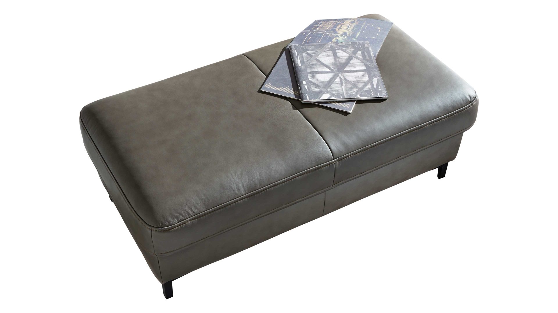 Funktionshocker Interliving aus Leder in Grau Interliving Sofa Serie 4054 – Funktionshocker steingrauer LongLife-Leder Vivre & schwarze Metallfüße – ca. 130 x 60 cm
