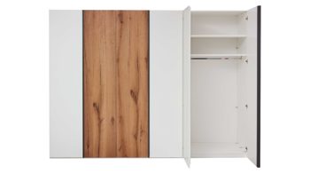 Kleiderschrank Interliving aus Holz in Weiß Interliving Schlafzimmer Serie 1025 – Kleiderschrank 531062 Weiß & Balkeneiche gehackt - sechs Türen, Breite ca. 299 cm