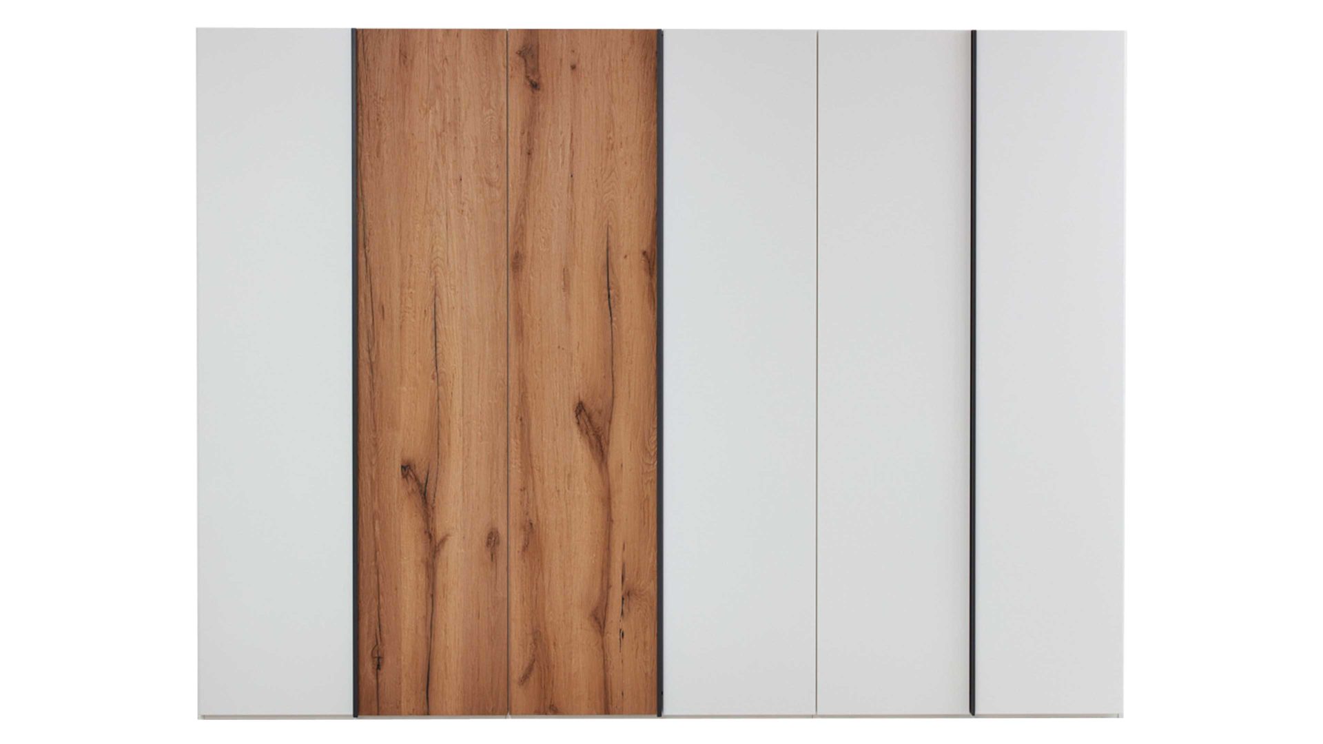 Kleiderschrank Interliving aus Holz in Weiß Interliving Schlafzimmer Serie 1025 – Kleiderschrank Weiß & Balkeneiche gehackt - sechs Türen, Breite ca. 299 cm