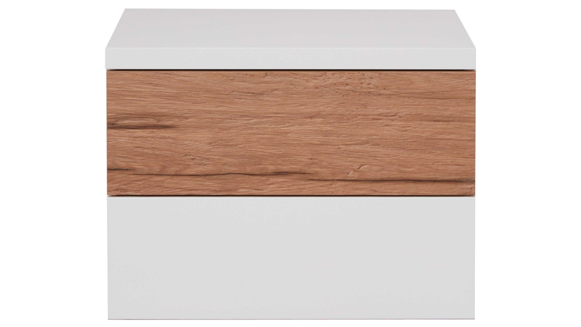 Nachtkommode Interliving aus Holz in Weiß Interliving Schlafzimmer Serie 1025 – Nachtkommode links, zwei Schubladen - Weiß & Balkeneiche gehackt