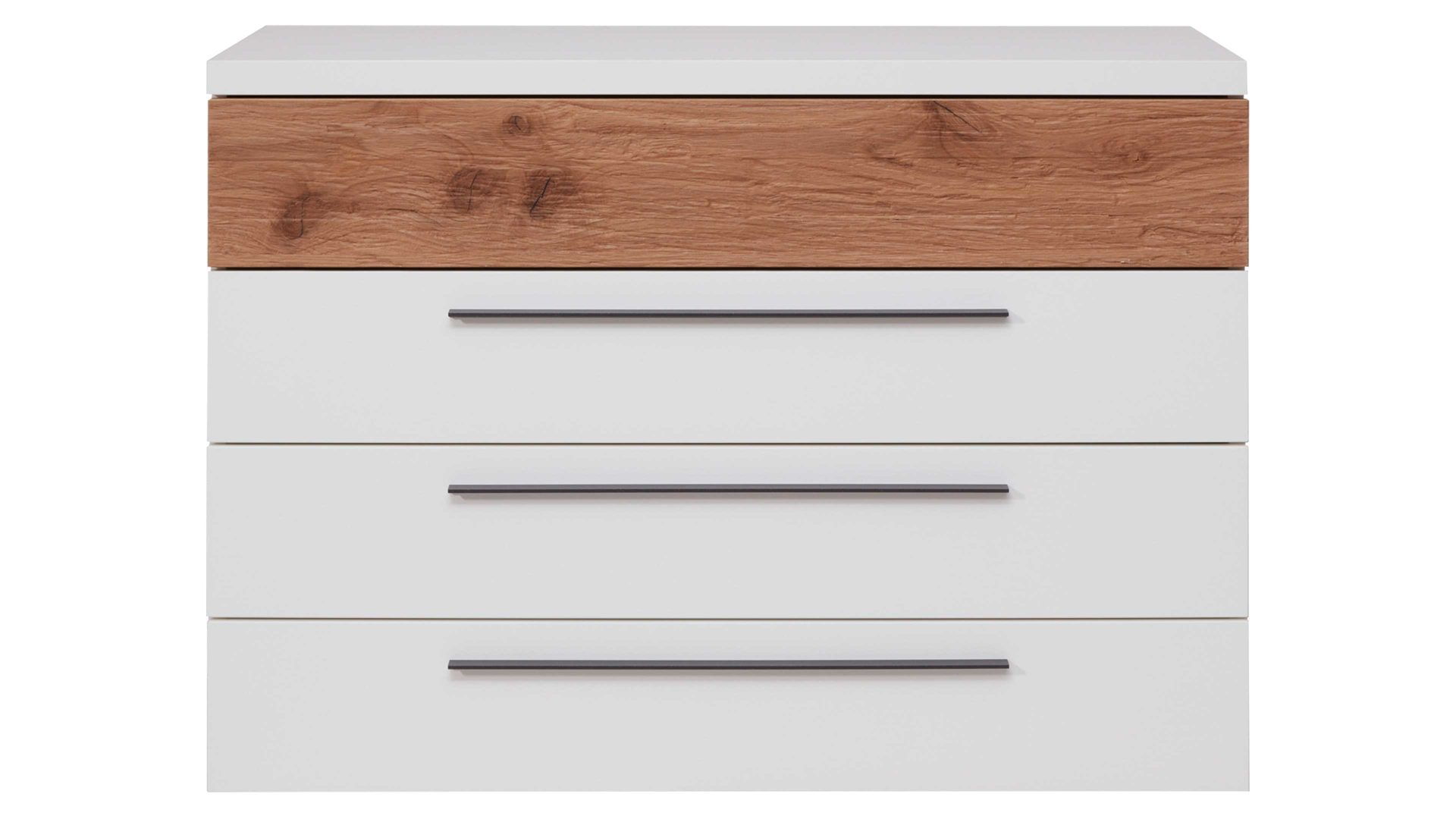Schubladenkommode Interliving aus Holz in Weiß Interliving Schlafzimmer Serie 1025 – Schubladenkommode 531091 Weiß & Balkeneiche gehackt - vier Schubladen