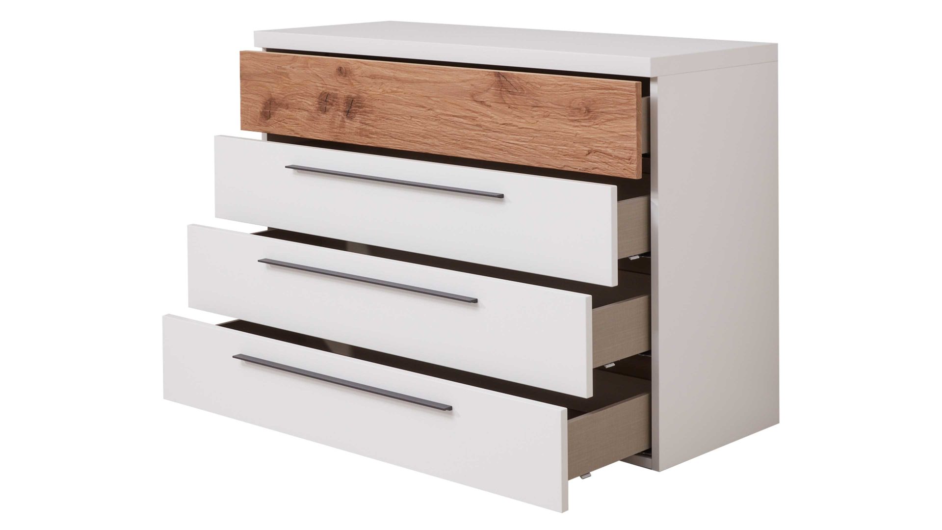 Schubladenkommode Interliving aus Holz in Weiß Interliving Schlafzimmer Serie 1025 – Schubladenkommode Weiß & Balkeneiche gehackt - vier Schubladen, Länge  ca.115 cm