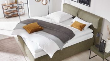 Polsterbett Interliving aus Stoff in Dunkelgrün Interliving Bettsystem Serie 1414 - Polsterbett Variante 4 olivgrüner Stoffbezug GCP 333 - Liegefläche ca. 180 x 200 cm