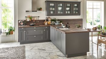 Einbauküche Nolte® küchen aus Holz in Dunkelgrau nolte® Einbauküche Windsor mit AEG-Einbaugeräten Quarzgrau & Eiche Barrique – zweizeilig