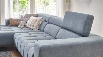 Ecksofa modulmaster aus Stoff in Hellblau Modulmaster MM-MP1075 - Ecksofa schwarze Metallfüße & stahlfarbene Chenille Nemo - Stellfläche ca. 319 x 222 cm