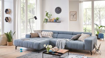 Ecksofa modulmaster aus Stoff in Hellblau Modulmaster MM-MP1075 - Ecksofa schwarze Metallfüße & stahlfarbene Chenille Nemo - Stellfläche ca. 319 x 222 cm