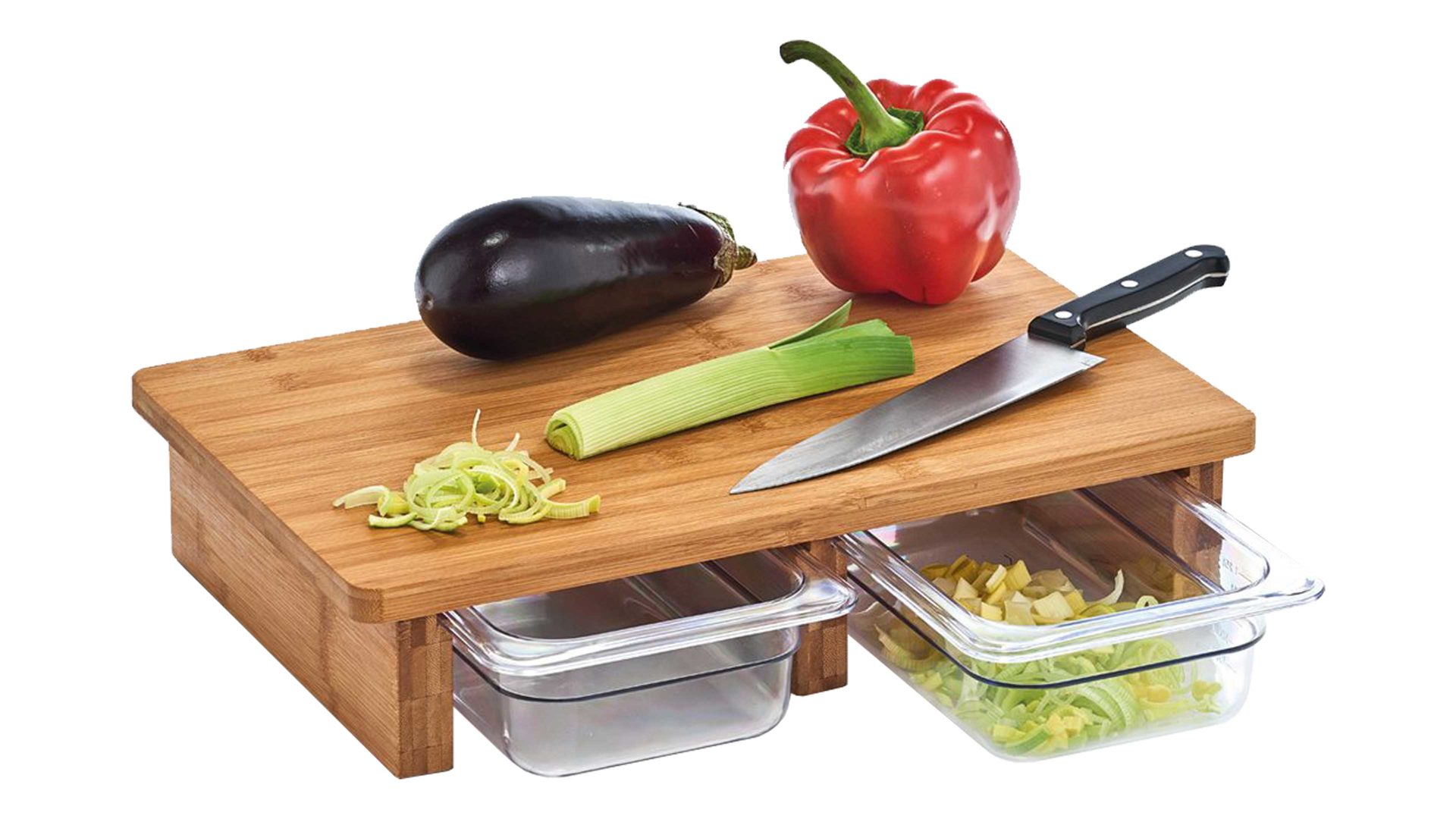 Schneidbrett Zeller present aus Holz in Holzfarben Schneidbrett mit zwei Auffangschalen Gummibaum & Kunststoff - ca. 41 x 27 cm